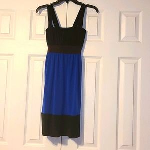 Royal blue and black dress with brown sash